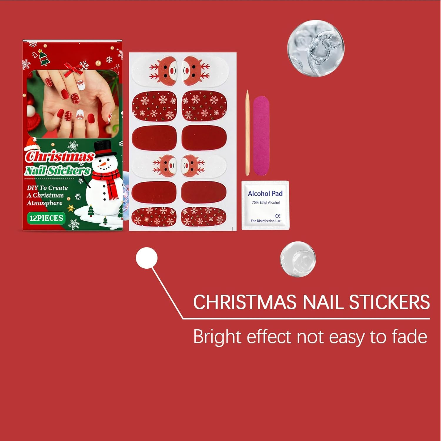 Christmas Nail Wraps | Glitter Art Decal,Snowflake Elk Design Gel Nail Wraps with File and Stick,For Holiday Winter Home Party Salon image number 3