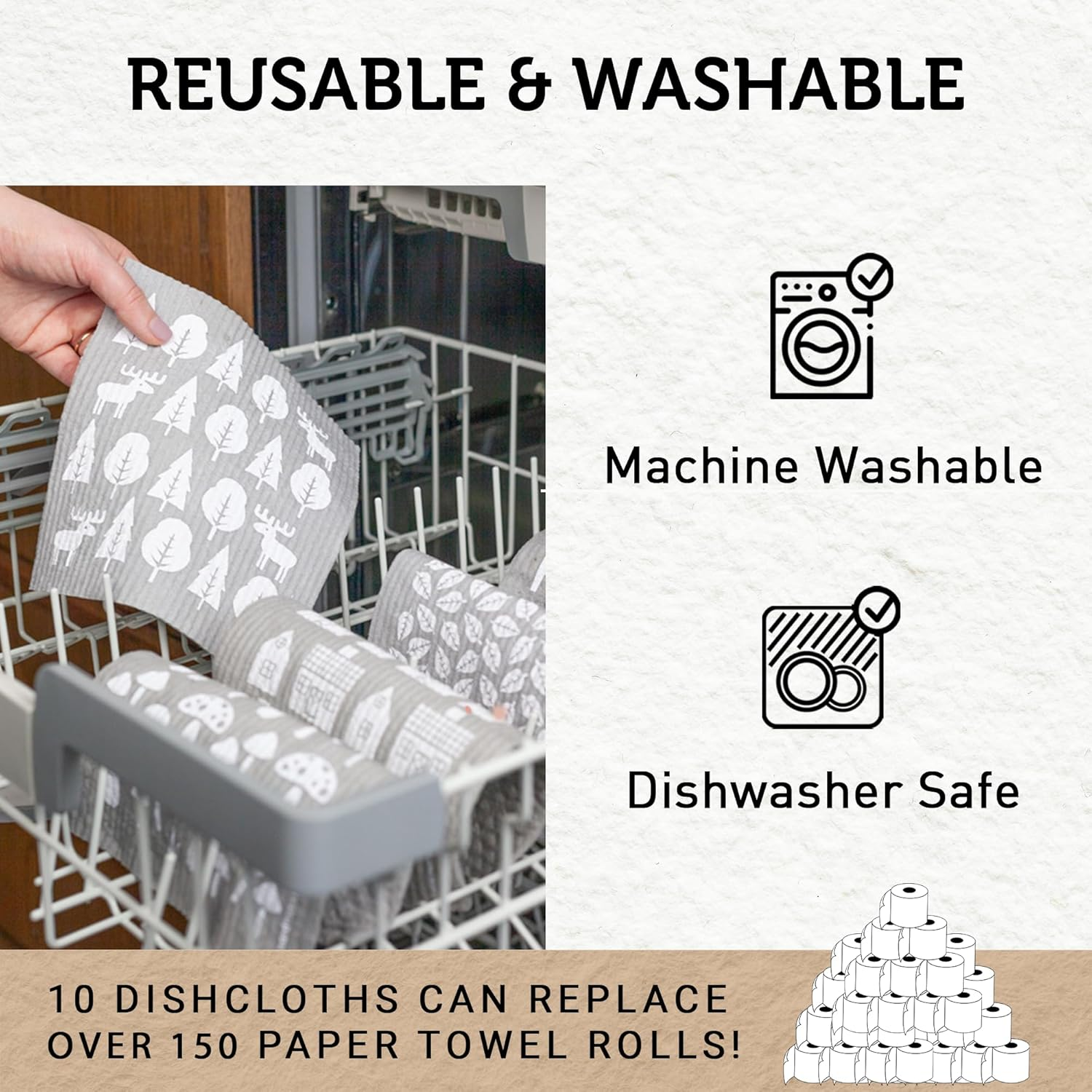 Nordhus Design Swedish Dishcloths,10 Grey Cloths, Made in Sweden - Reusable, Washable Cellulose Cotton Kitchen Cloths - Replace Paper Towels, Wipes, Sponges, Dish Rags image number 4