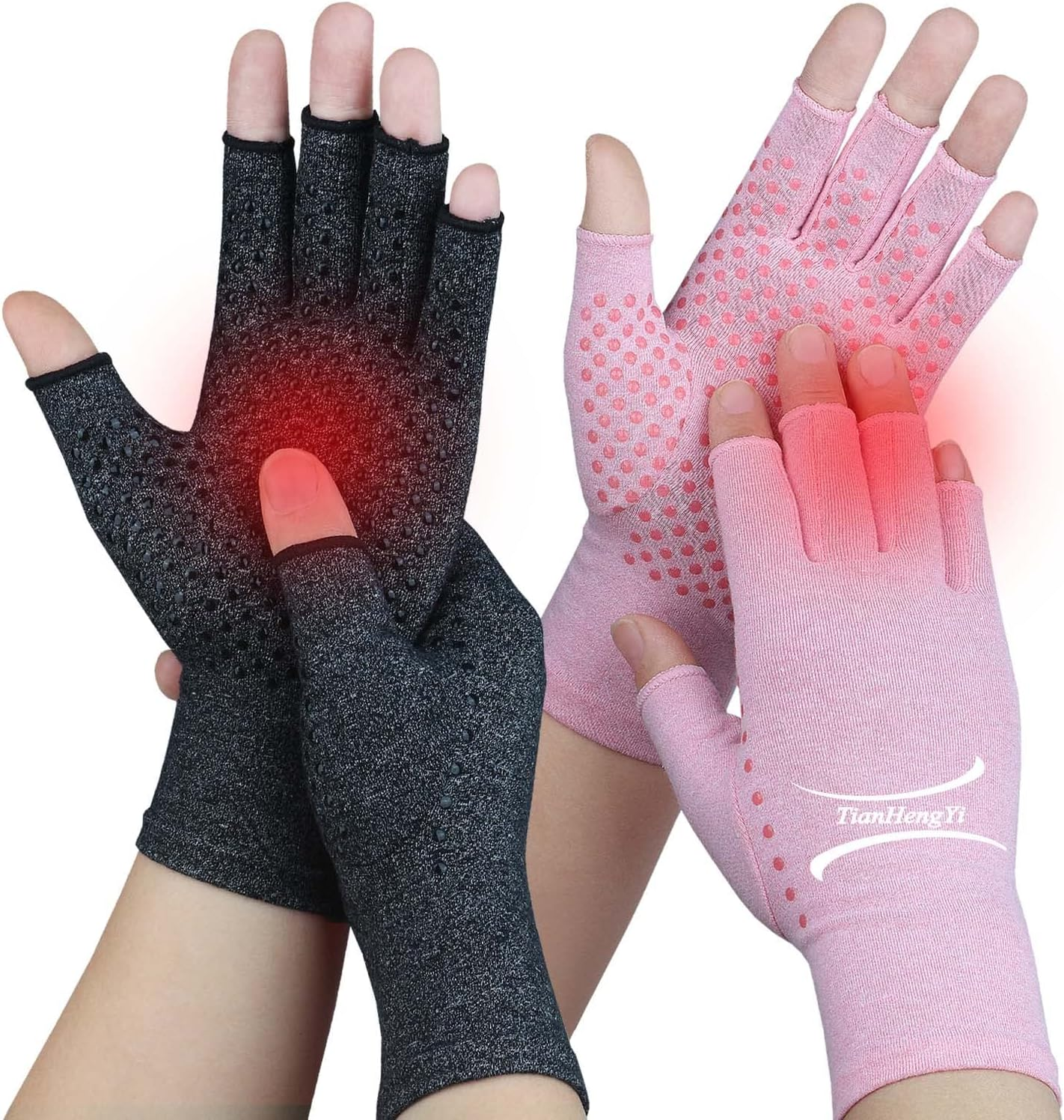 2 Pairs Arthritis Gloves for Women Men, Fingerless Compression Gloves for Hand Pain, Carpal Tunnel, Non Slip Dots