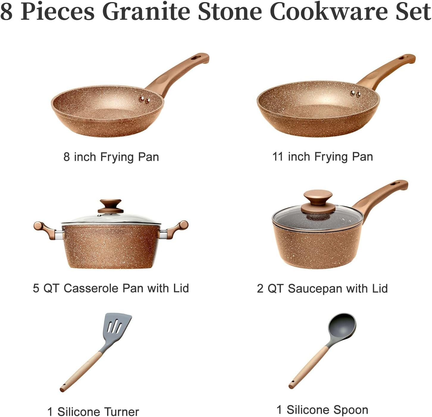Innerwell Pots and Pans Set, 8 Pieces Non Stick Cookware Set, Gold Granite Stone Nonstick Cookware Set, Induction Kitchen Cookware Sets, Cooking Set W/Frying Pan, Saucepan, Casserole, PFOA&PFAS Free - Gold image number 3