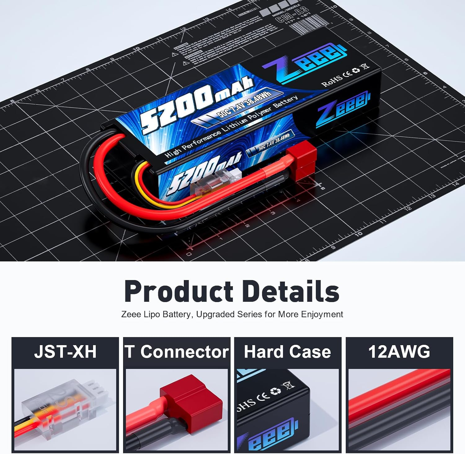 Zeee 2S Lipo Battery 7.4V 5200Mah 50C Hard Case Battery with T Connector for RC Truck Truggy Heli Airplane Drone FPV Racing image number 2