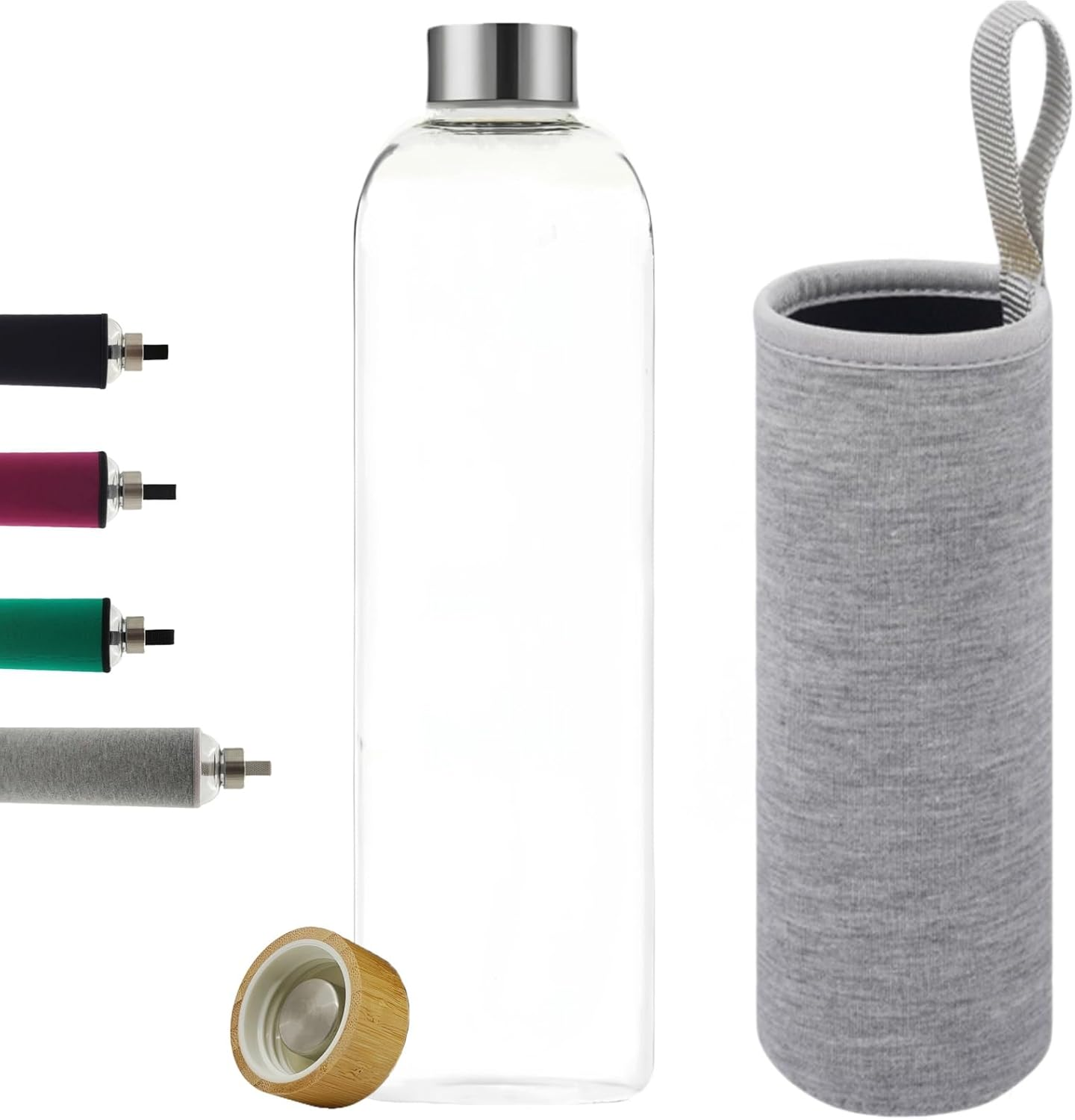 HENGFEI Glass Water Bottle with Bamboo Lid and Stainless Steel Lid (1000Ml, Burgundy Sleeve)