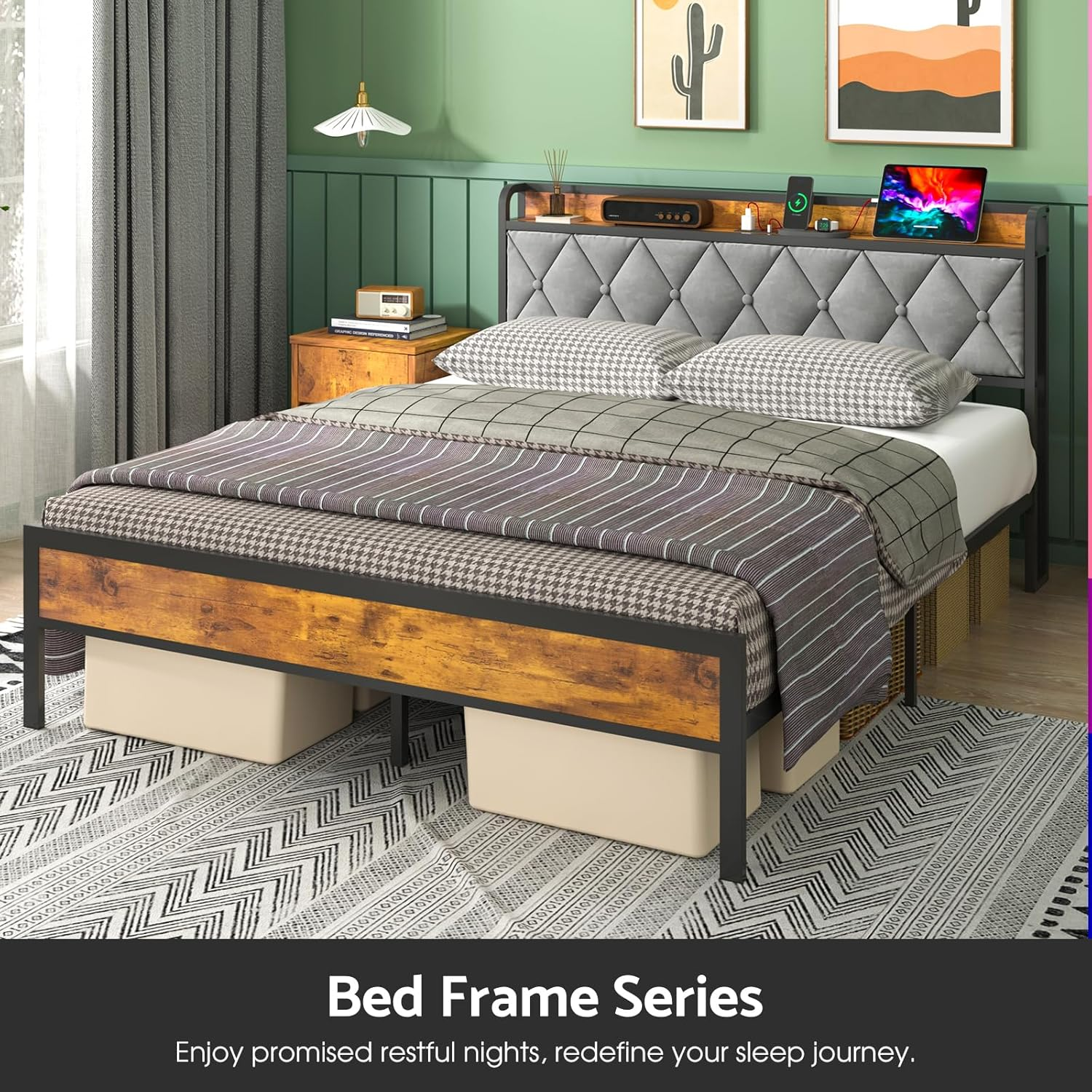 Ufurniture Bed Frame Queen Size Metal Frame Storage Headboard with Charging Station and USB Ports Retro (Queen) image number 6