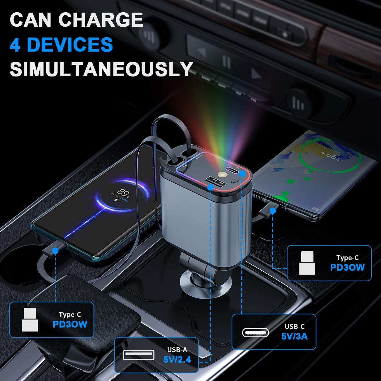 Retractable Car Charger with Star Lights, YACAISI 4 in 1 Fast Car Phone Charger Adapter, Star Lights Retractable Cables and USB C Car Charger Adapter for Iphone 16 15 14 13 12,Galaxy, Pixel image number 2
