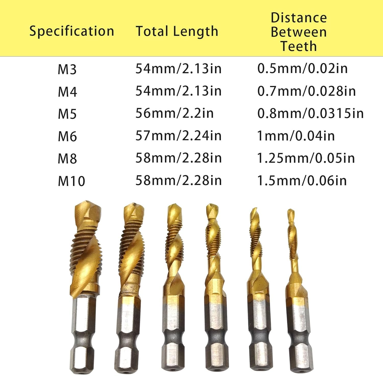 Combination Drill and Tap Bit, 6 Pcs Screw Tapping Countersink Drill Bits 1/4" Metric M3 to M10 HSS Titanium Thread Tap Drill Bit Set for Wood and Plastic image number 3