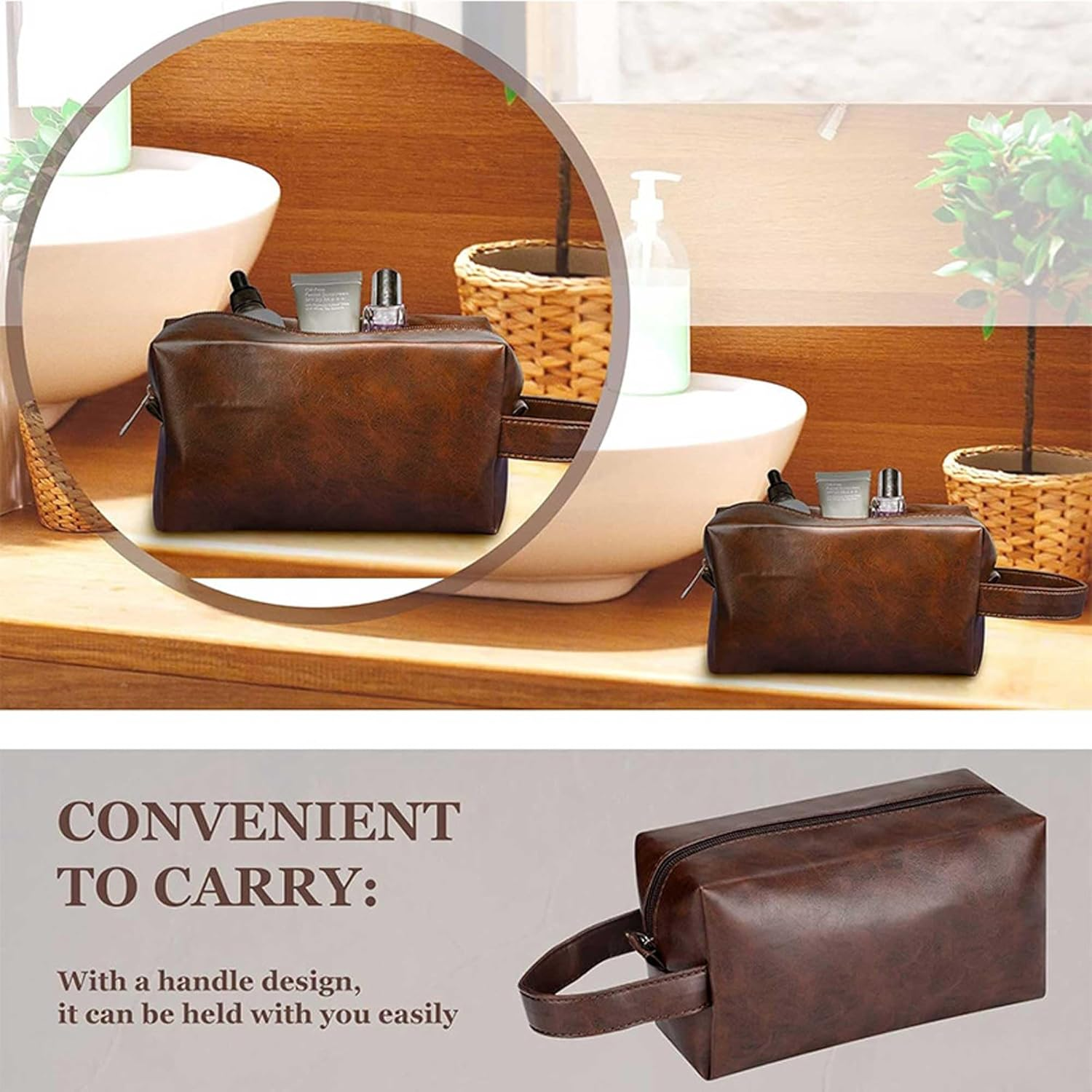 ZAUIBDUU Small Waterproof Leather Hand Carry Mens Travel Toiletry Bag (Dark Brown) image number 2