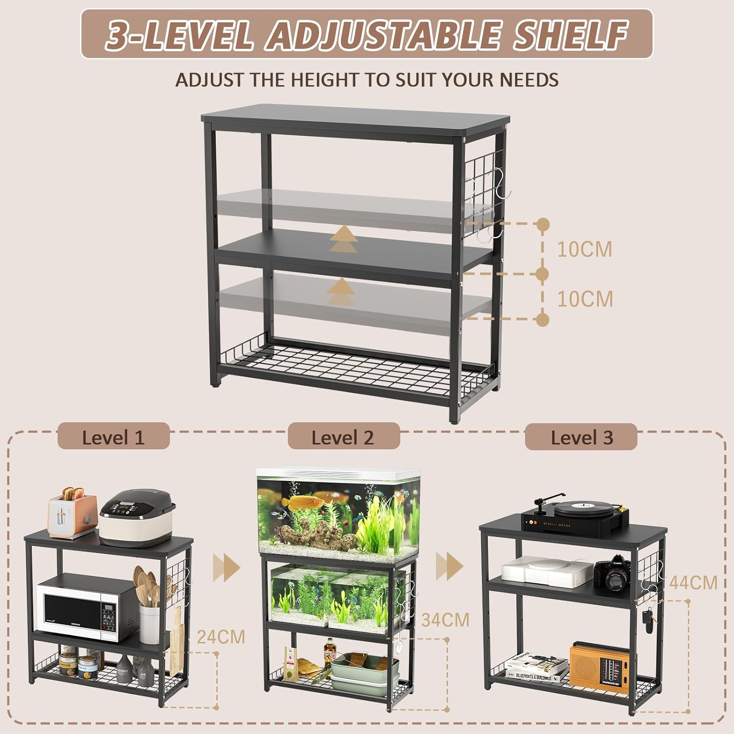 Aquarium Stand, 20 Gallon Fish Tank Stand with 3-Tier Storage Shelves & Hook, Heavy Duty Terrarium Stand Rack for Home Office, Lbs Load Capacity 25.6" L X 11.8" W X 25.6" H, Black - White image number 5