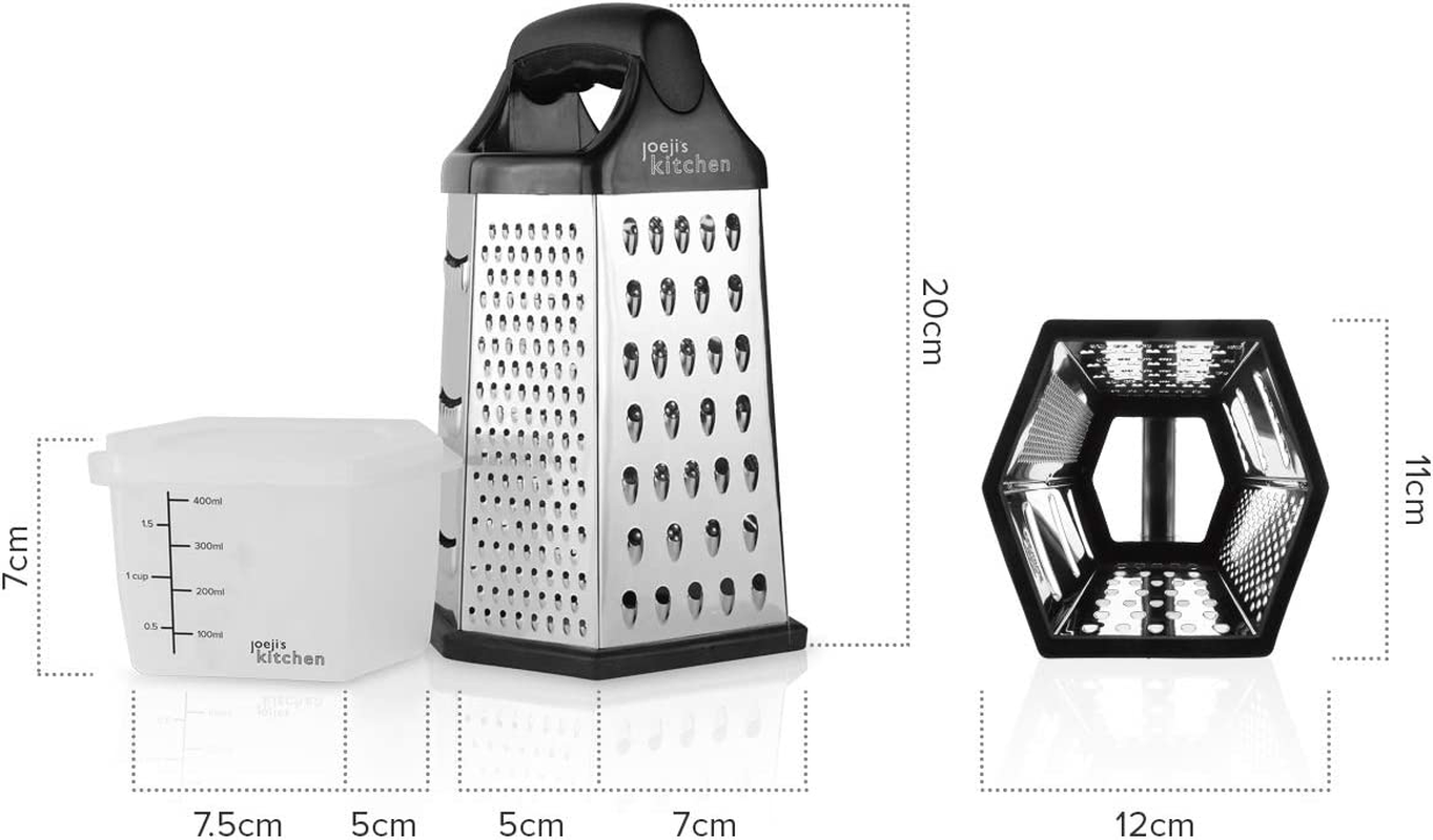 Joeji'S Kitchen Cheese Grater - 6-Sided Grater with Container Hand Grater Slicer Chopper Zester Non-Slip Stainless Steel Multipurpose for Potato Grater Cucumber Slicer and Cheese image number 1