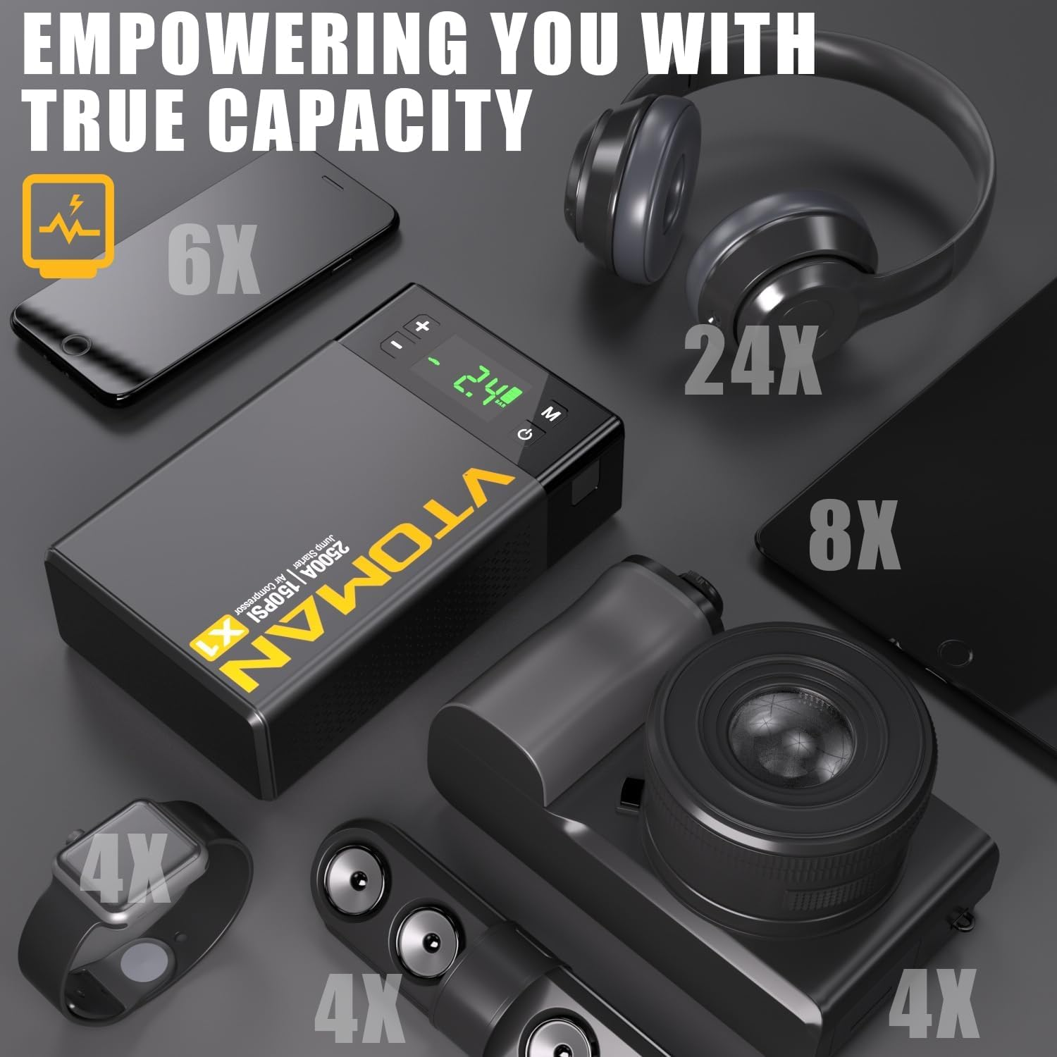 VTOMAN X1 Jump Starter with Air Compressor, 2500A Portable Battery Booster (Up to 8.5L Gas/6L Diesel Engines) with 150PSI Digital Tire Inflator, 12V Power Pack Car Jump Box Charger with LCD Display image number 2