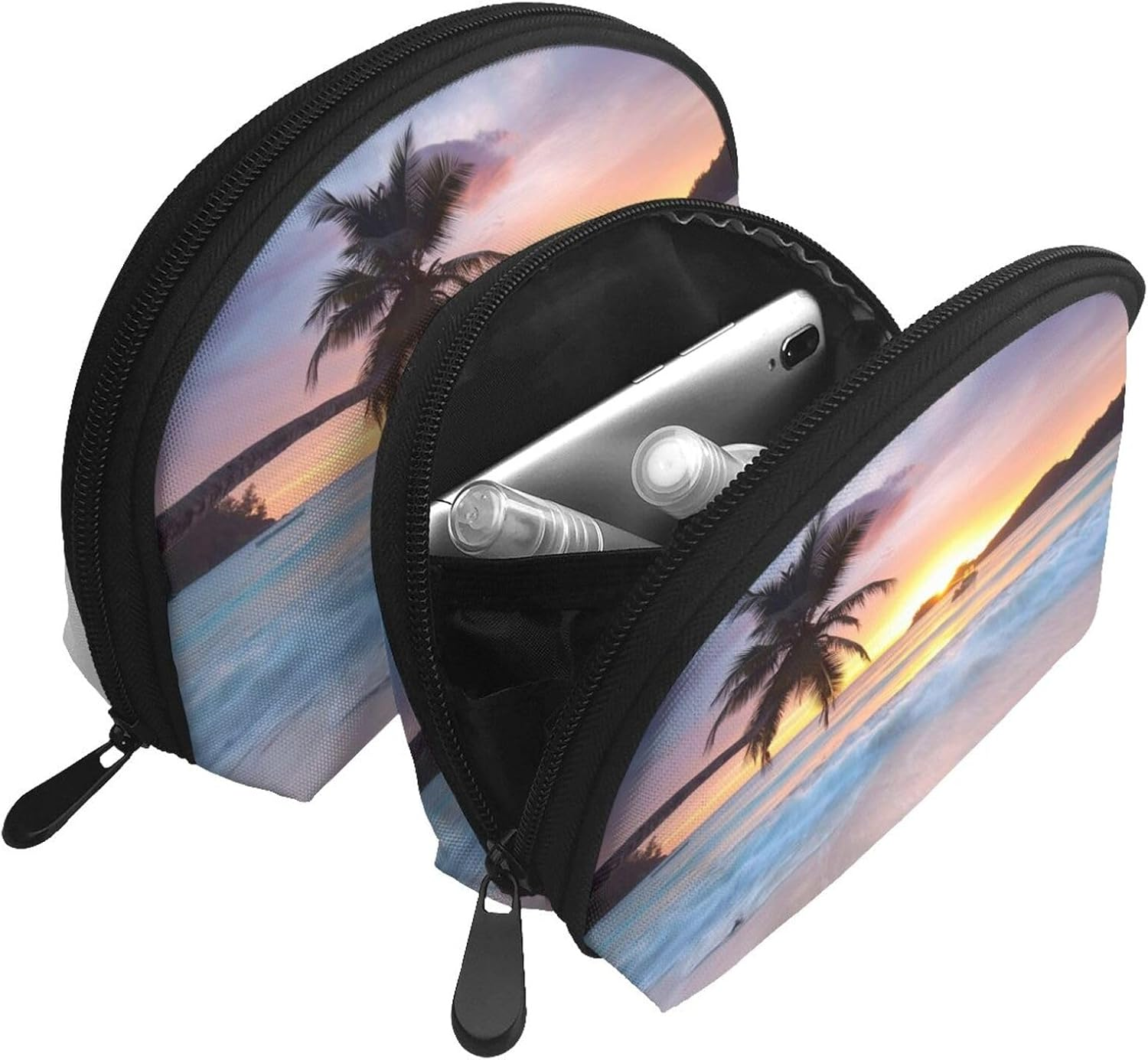 Cozimangoe Coin Pouch Makeup Bags Set, 2 Piece Shell Shape Cosmetic Bag with Pockets for Daily Travel Handbag Lipstick Keys Toiletry, Personalized Sunrise Tropical Palm Tree Island image number 4