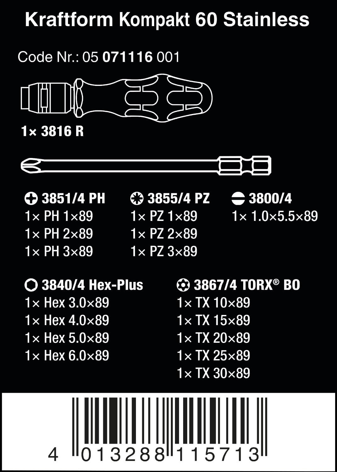 Wera Kraftform Kompakt 60 Stainless Steel Metric Screwdriver 17-Pieces Set image number 5