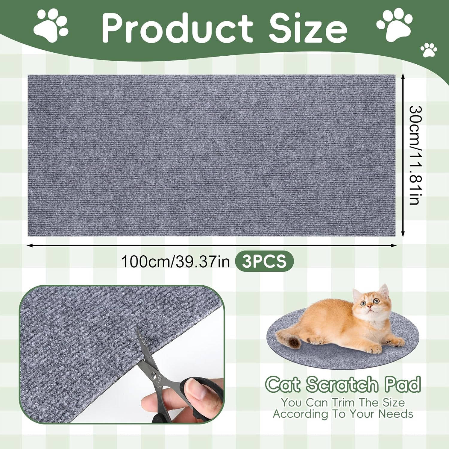 Pack of 3 Self-Adhesive Scratching Mat, Thickened Cuttable Scratch Mat, Cat Scratching Mat, Cat Scratching Mat for Couch Furniture or Wall Protection (Light Grey, 100 X 30 Cm) image number 3
