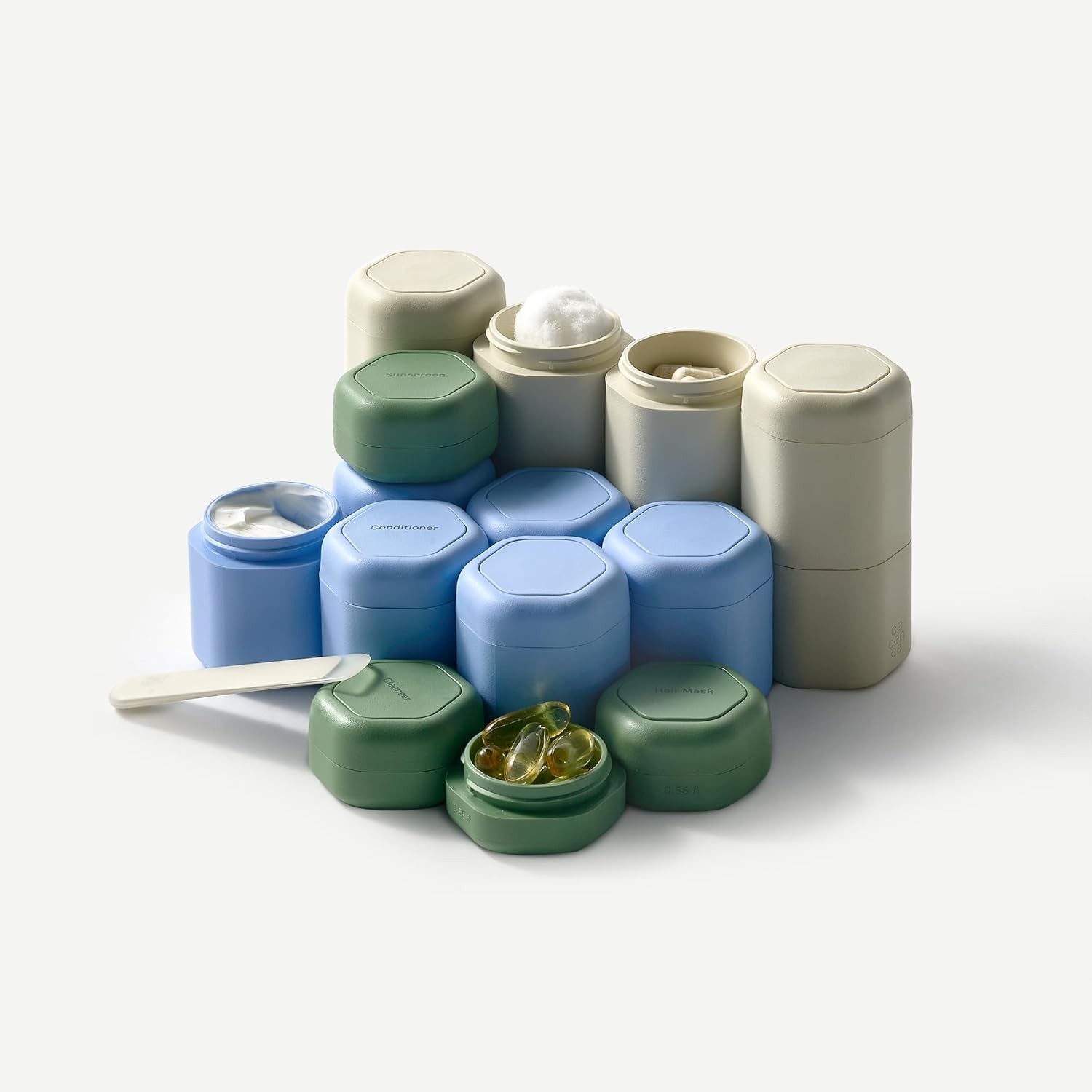 Cadence Travel Containers - 2 Piece Body Care Capsule Set - Magnetic Containers W/ Lids - Carry on Travel Essentials for Women/Men - 1 Small & 1 Medium Capsule - Body Wash & Lotion Labels - Evergreen image number 2