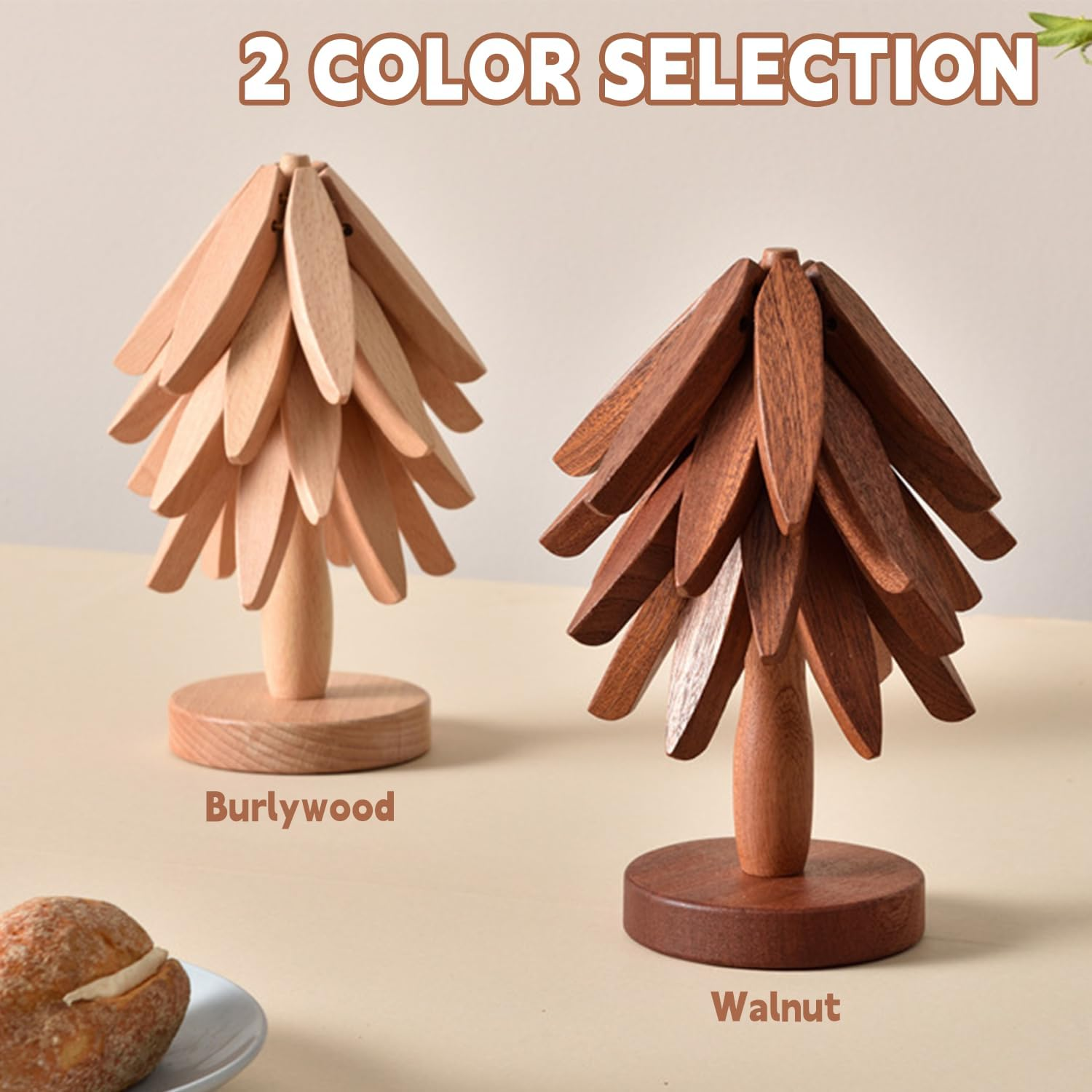 Wooden Trivets for Hot Dishes - Tree Shape Set with 4 Trivets + 1 Stand, Stored like a Christmas Tree (Walnut Wood) image number 6