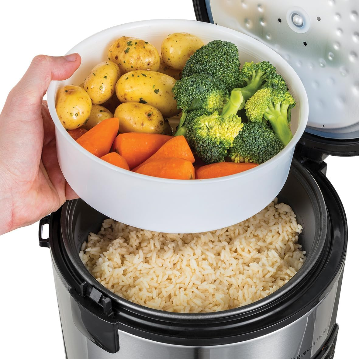 Russell Hobbs 27080-56 Rice Cooker [Test Winner] 1.2 L with Steamer Insert with Aroma Hinged Lid (Warming Function, Non-Stick Coated Garden Pot, Rice Spoon and Measuring Cup, Stainless Steel) image number 5
