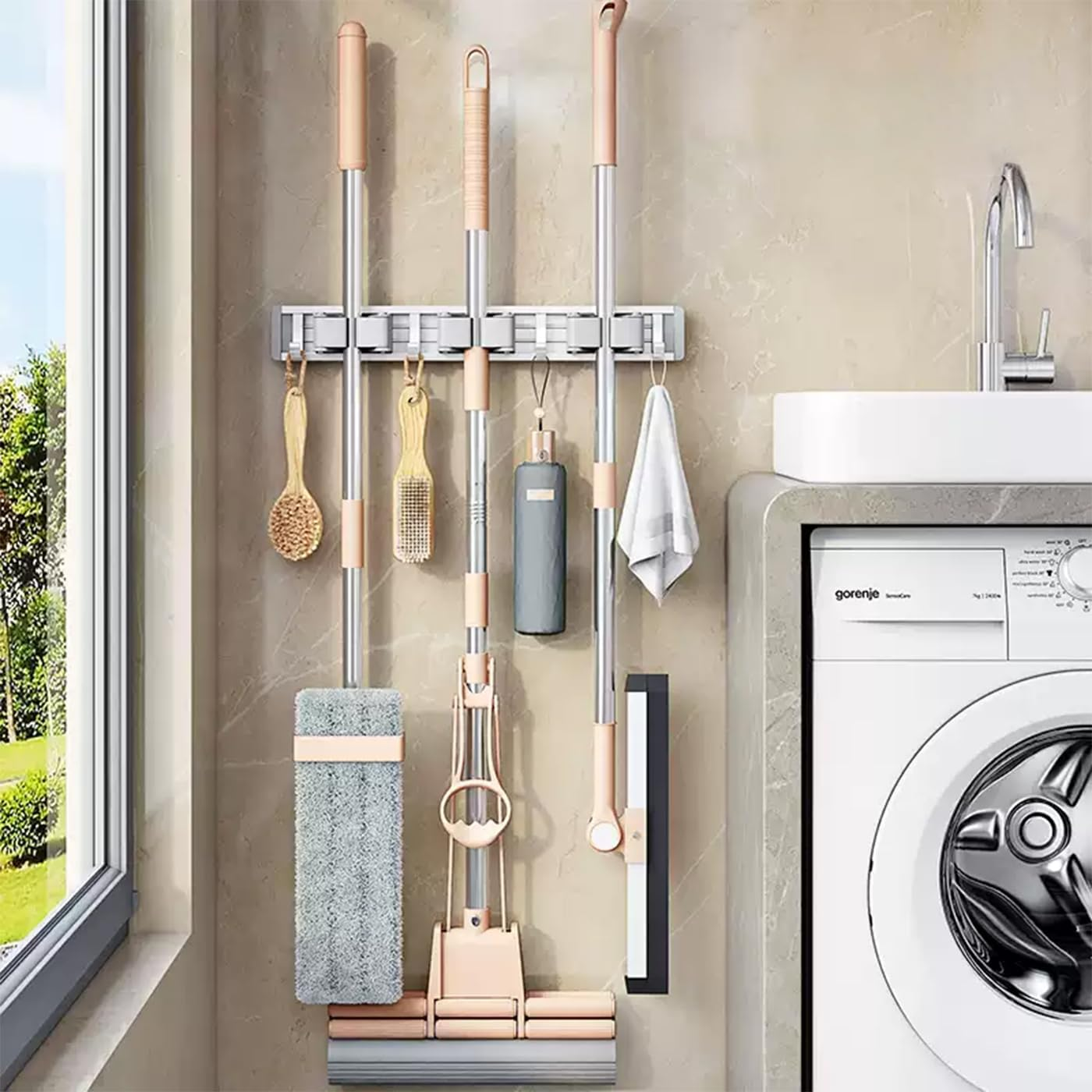 Broom Mop Holder Wall Mounted Broom Hanger Garage Organizer Storage Tool Racks Garage Storage Garden Kitchen Tool Organizer for Home Kitchen Garden Laundry（ 3 Racks 4 Hooks ） (Silver White) image number 2