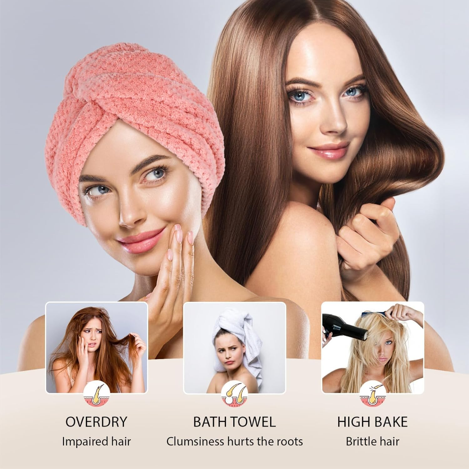 Super Absorbent Hair Towel Wrap for All Hair Long&Thick Hairs Turban Head Wrap with Pineapple Plaid Design Hair Towel Wrap for Women(Beige&Light Pink) image number 4