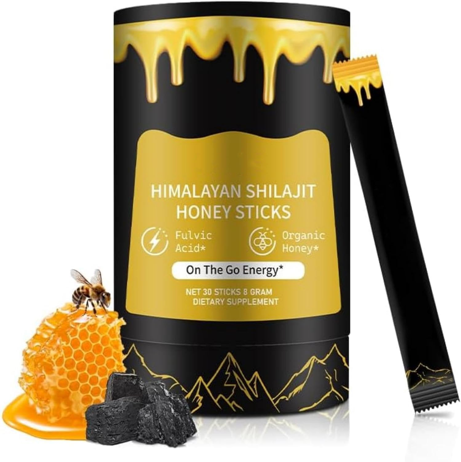 AU415 Shiljit Resin with Honey Sticks, 30 Sticks Individually Wrapped - Gold Grade 100% Pure Himalayan Shiljit Resin, with Saffron,