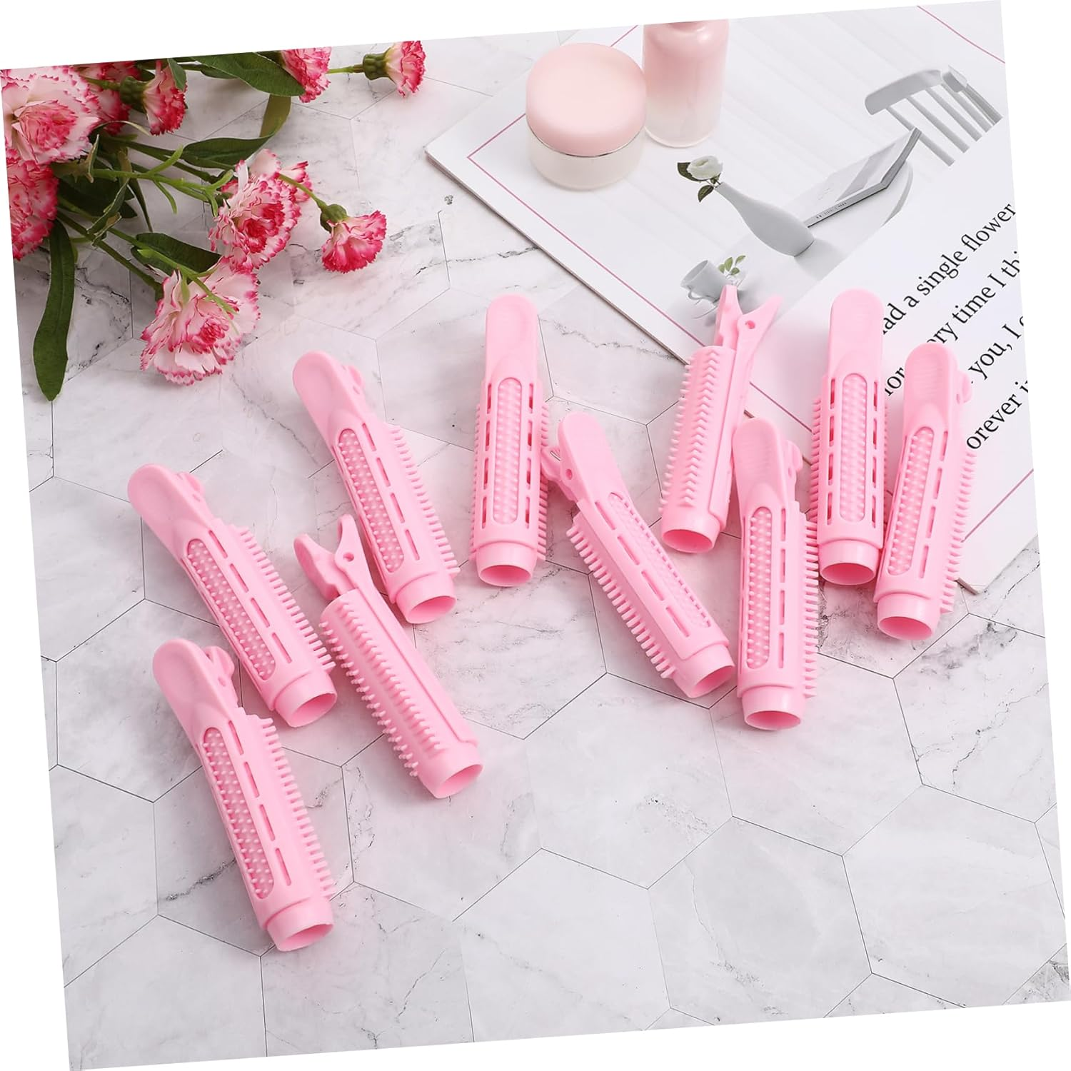 DEARMAMY 10Pcs Pink Hair Rollers for Bangs and Volume Root Clips for Curly Hair Self-Adhesive Roller Jaw Clamps and Sectioning