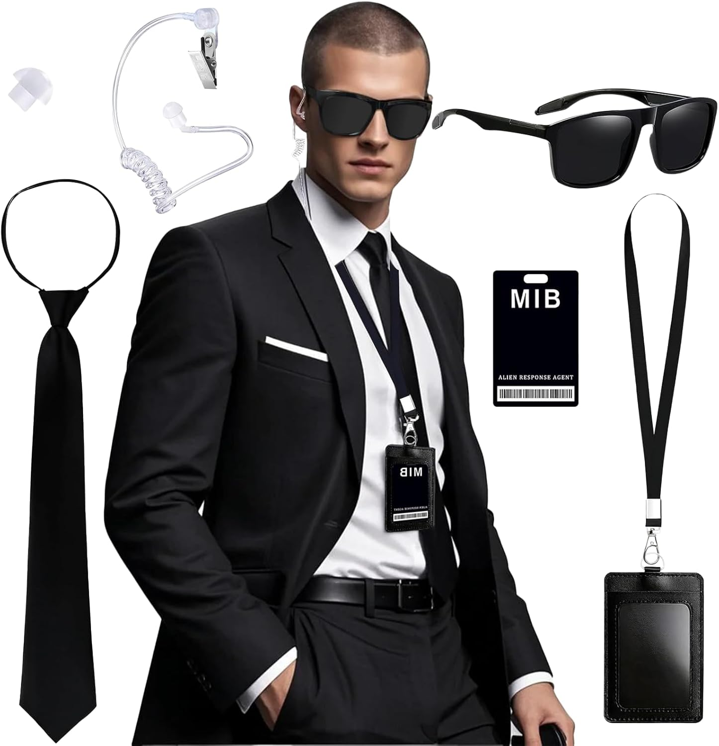 Pack of 5 Agent Costume Accessories Complete Spy Roleplay Set with Realistic ID Badge Black Sunglasses Walkie Ta Lkie Tie for Halloween Cosplay image number 3