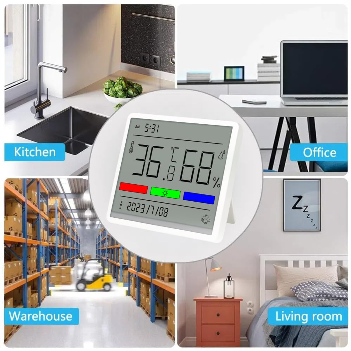 Digital Hygrometer Indoor Thermometer Humidity Meter with Time and Date Display, W.Sealet High Accuracy Room Thermometer Humidity Sensor with Large LCD Screen Display for House-White image number 2