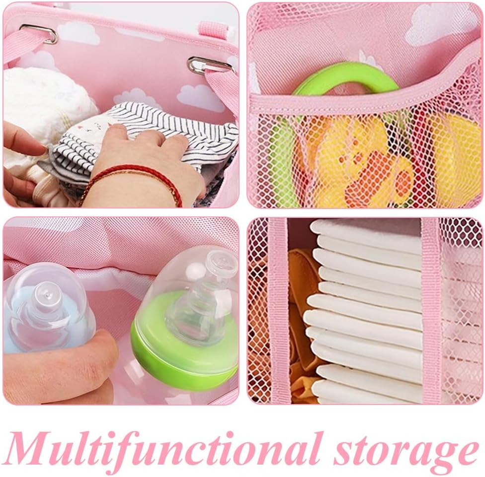 TOMVAES Hanging Nappy Organiser, Changing Table Caddy for Cot, Playard, Nursery with Mesh Pockets (Pink) image number 1