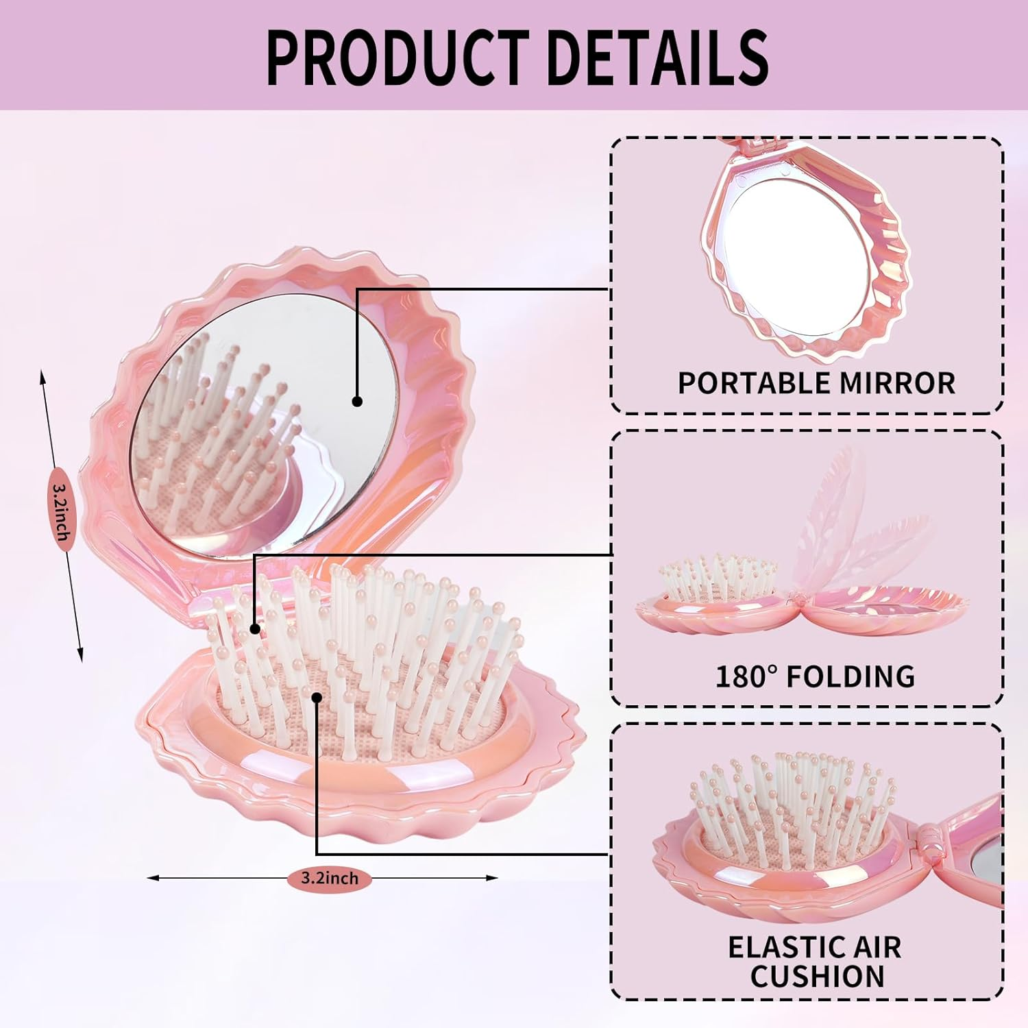 Maji Mama Foldable Travel Hair Brushes with Mirror Shell Shape Portable Folding Pocket Hair Brush Mini Hair Comb Compact Size Hair Massage Comb (Pink) - Pink image number 4