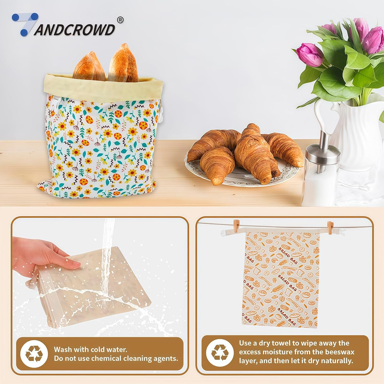 Beeswax Bread Bag Suitable for Food Preservation,Baking Storage and Outdoor Picnics.Beeswax Lined,Reusable Cotton Cloth Bag Forhomemade Bread,Freezer Storage Bag,Fresh Keeping,2 Pack. image number 3