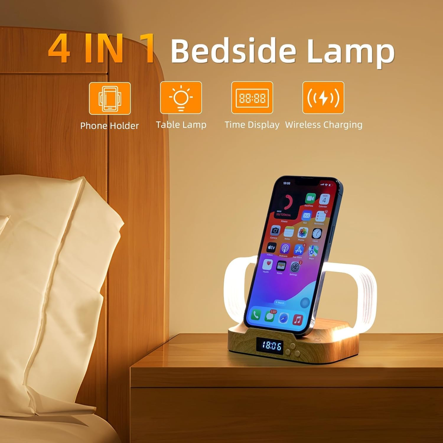 SNSUTY Portable Bedside Table Lamp with 15W Wireless Charger,Touch Control LED Night Light with Clock & USB Port, 3 Color Modes Dimmable Table Lamp Wooden Small Modern Nightstand Lamp Desk Lamp Gift image number 3