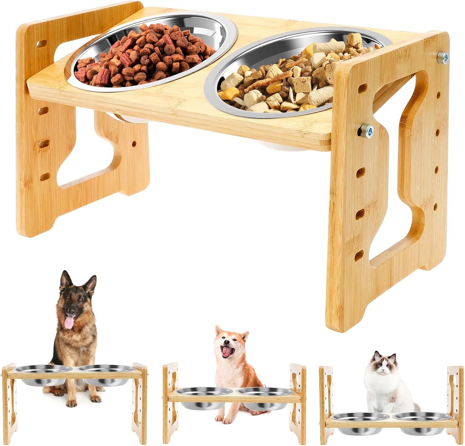 Elevated Dog Bowls, 5 Adjustable Heights Raised Dog Bowl Stand, Ranging from 2 Inches to 7.7 Inches, with 2 Stainless Steel Bowls and anti Slip Feet, for Small Medium Large Pets Dogs Cats