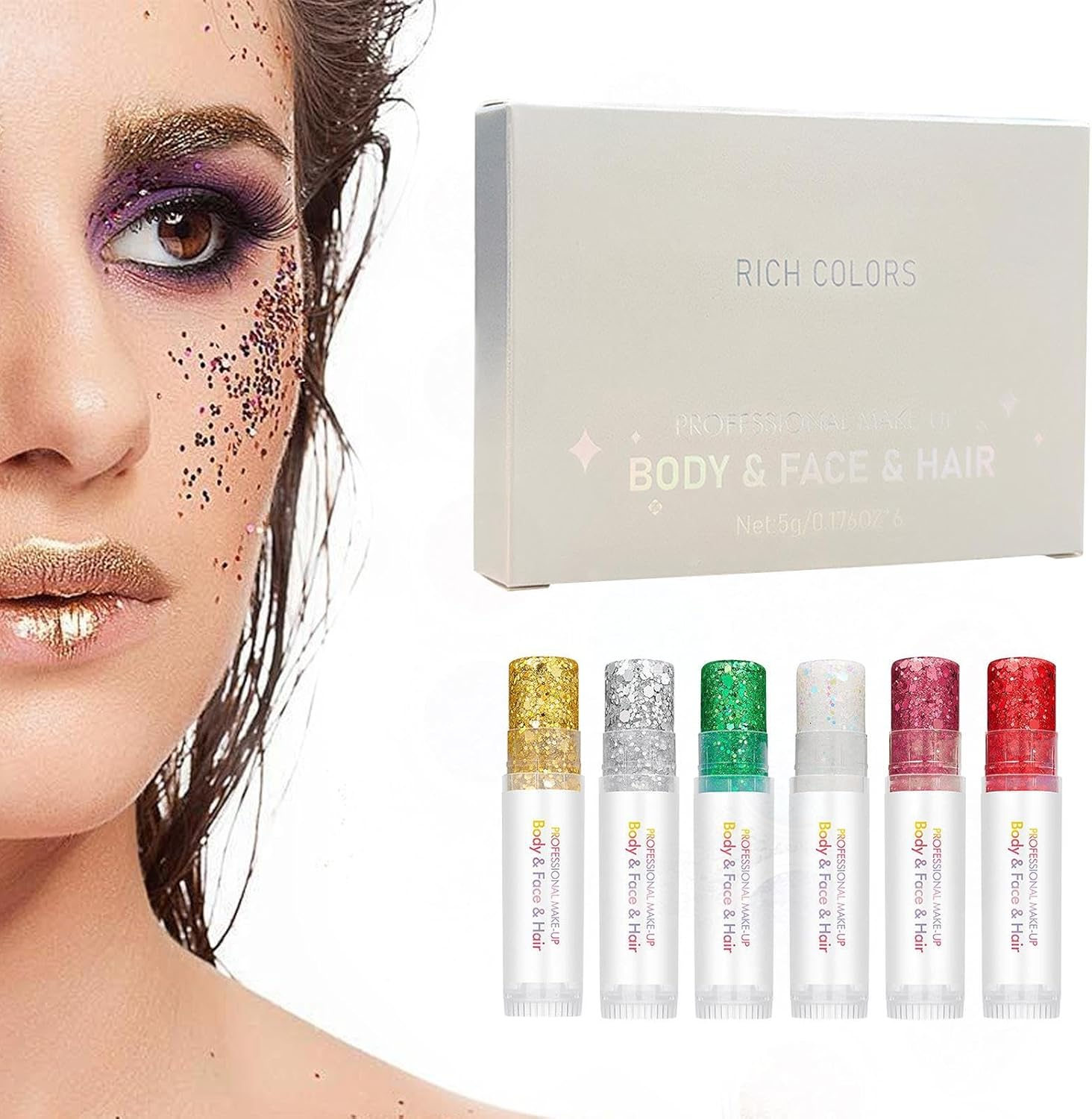 Face Glitter Gel,6 Colors Sparkling Stick,Face Glitter - for Festival Party Clubbing Halloween Carnival Music Event Christmas Fairy Theme