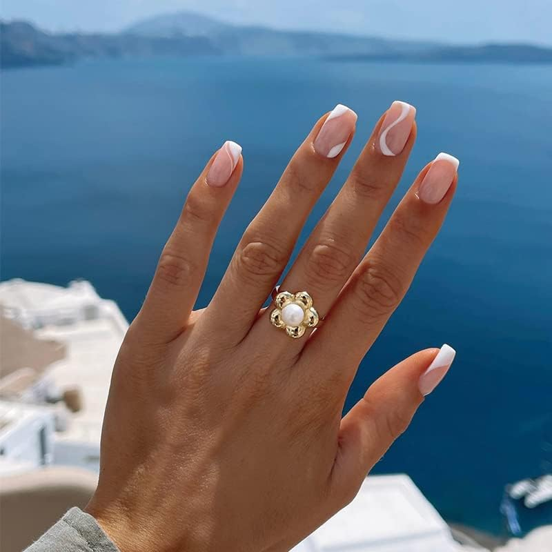 LINMOIJN 6 Packs (144 Pcs) Almond and Square False Nails Set Short,French Press on Nails,Swirl White Fake Nails with Nail Glue Tab for Women Girls Nails Art image number 5