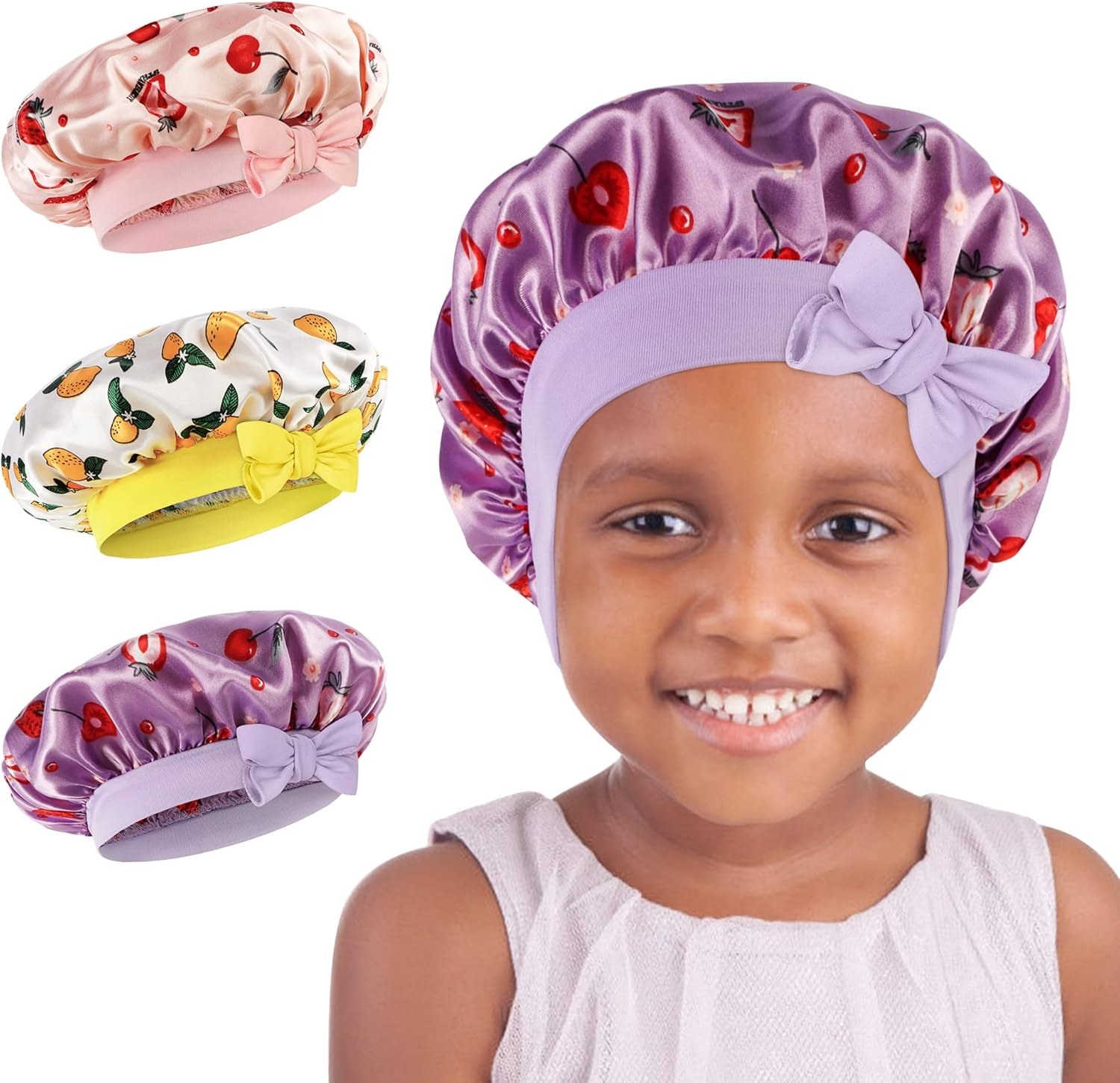 WEIPAO Kids Satin Bonnet - 3 Packs Baby Bonnet for Curly Hair Silk Sleep Cap with Adjustable Elasticated Soft Band for Child Toddler Baby image number 1