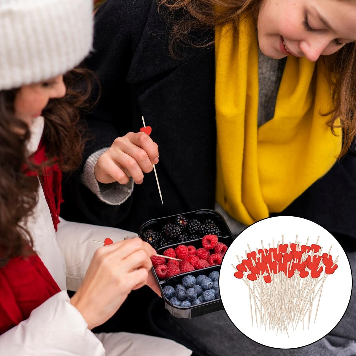 Fruit Sticks, 100 PCS Red Heart Cocktail Picks for Party Birthday Wedding Supplies (12Cm) image number 1