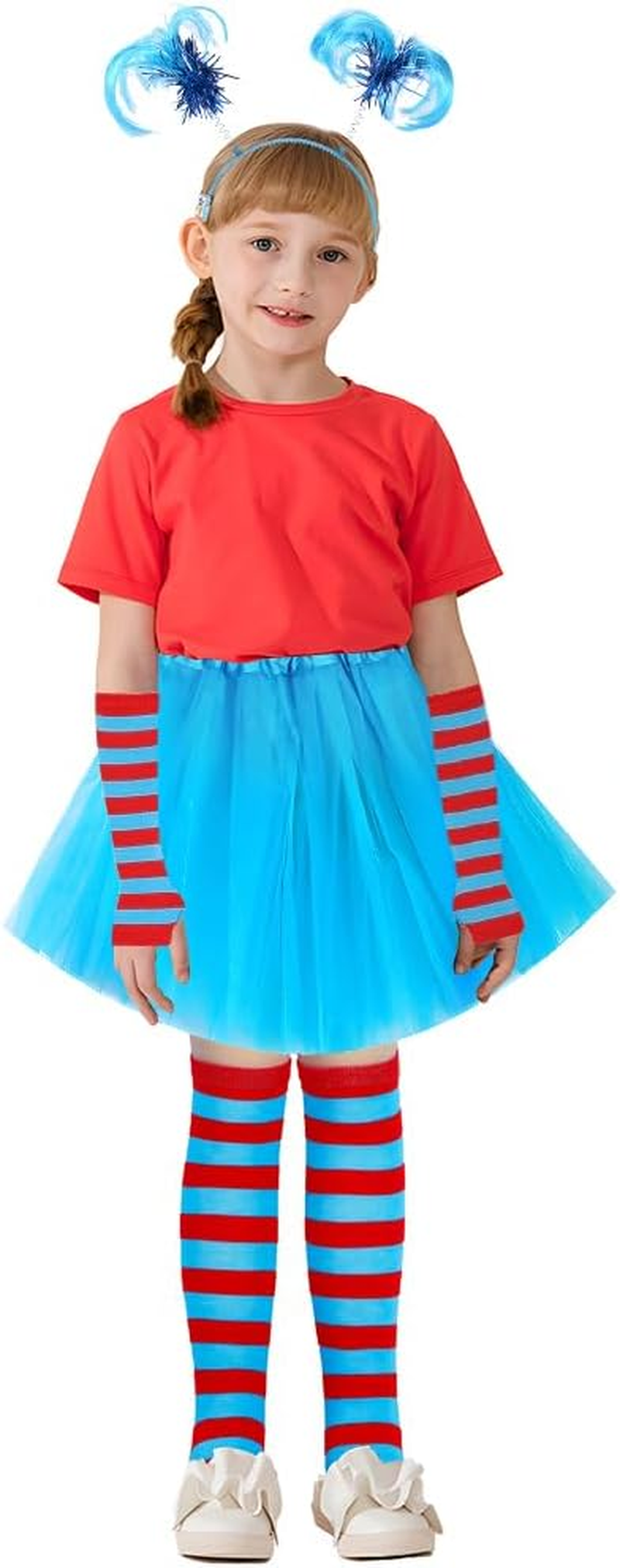 Fayrvind Red and Blue Costume Set for Woman Include Blue Tutu Skirt Striped Socks Stretchy Gloves Ponytails Headband Halloween Costumes Outfits Accessories Book Week Costume image number 1