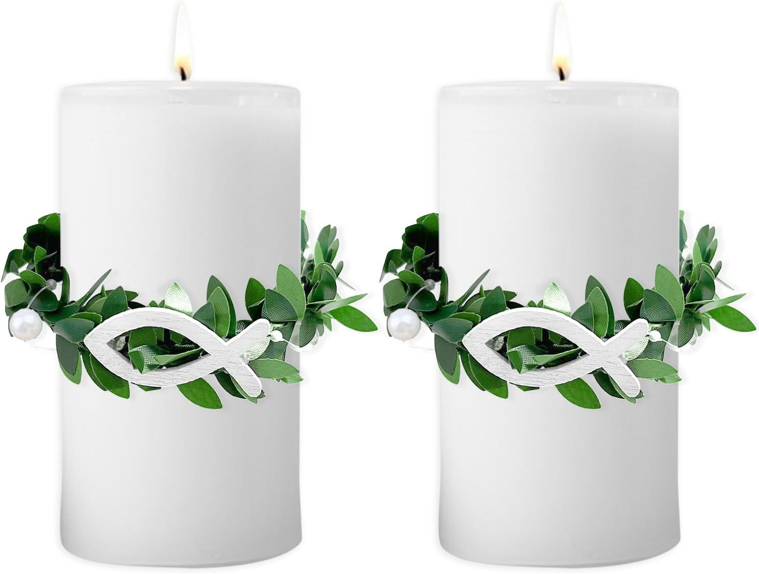 Candle Drop Protection 4 Cm - 9 Cm for Communion Candles and Christening Candles - Drip Catcher Candle Wreath with White Christening Fish Decoration, Wedding, Communion (Pack of 2) image number 4