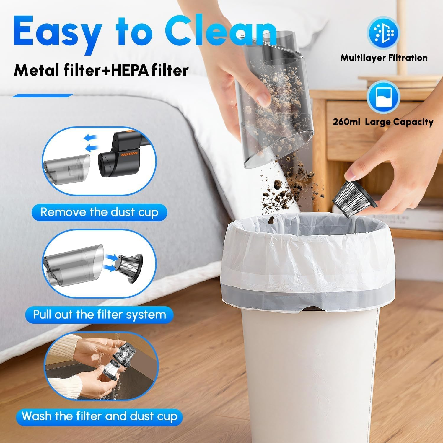 GALENPOO Cordless Handheld Vacuum Cleaner for Home/Office/Car/Swim Ring/Airbed, 120000RPM Brushless Motor 35Kpa Strong Suction, Rechargeable Battery, LED Light, Portable Rotary image number 6