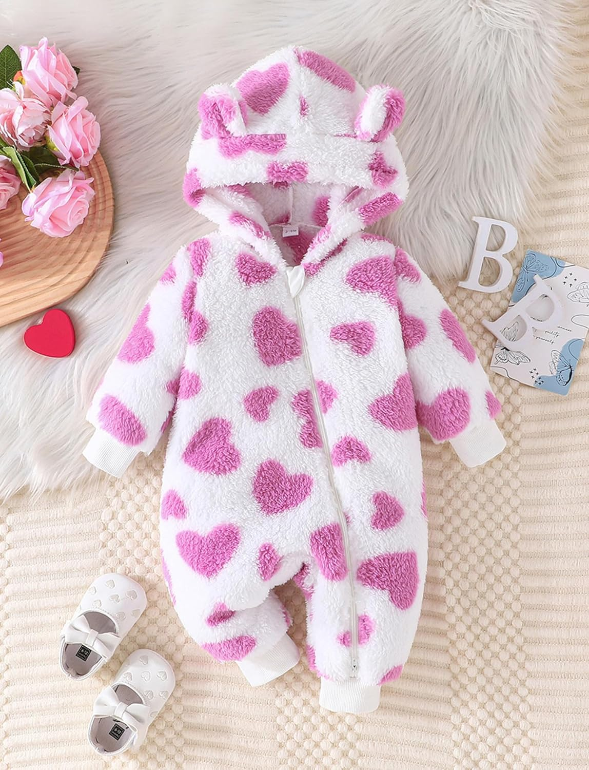 SEAUR Newborn Baby Girl Snowsuit Winter Hooded Fleece Jumpsuit Infant Bear Ear Snow Suit Zip up Romper Warm Outwear Outfits image number 4