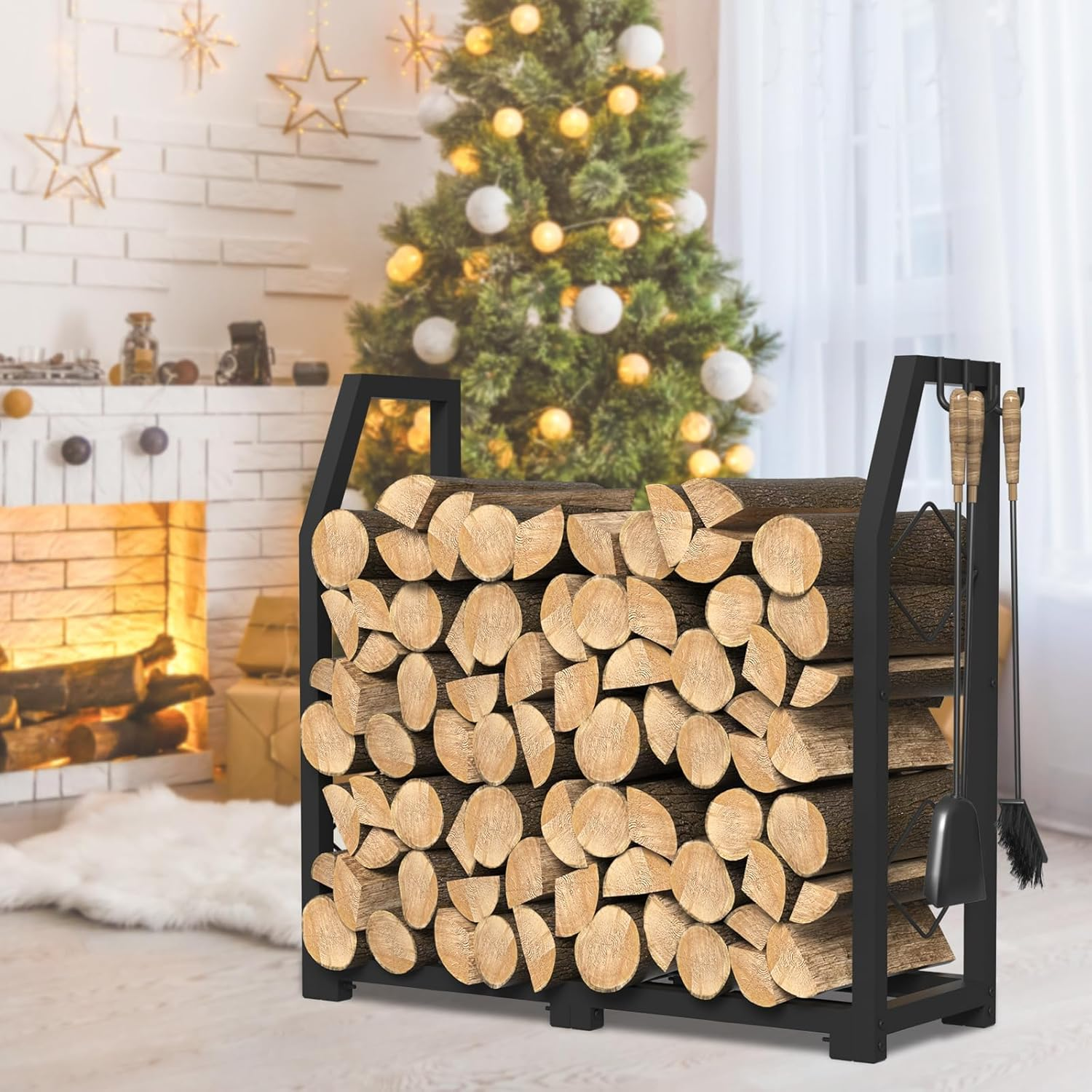 Firewood Rack for Outdoor, Firewood Holder with 3 Hanging Hooks, Heavy Duty Wood Rack for Indoor Outdoor Patio, Black