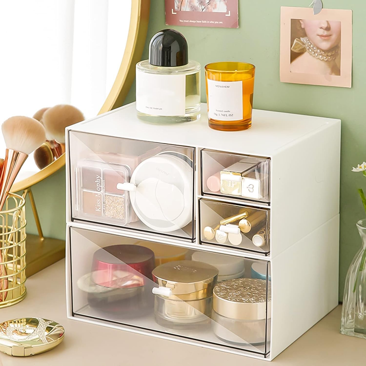 Desk Drawer Organizer, Transparent Makeup Organizer Storage Box with 4 Removable Plastic Drawers, Desk Storage and Accessories for Home Collection Cosmetics Office Bathroom Counter Dressing Table image number 2