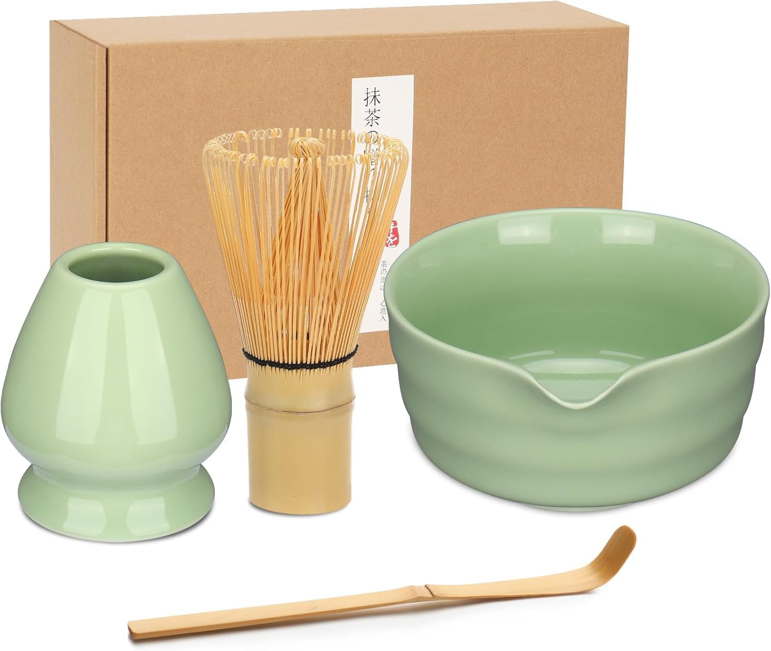 Matcha Whisk Set, Japanese Tea Set Includes Matcha Bowl with Spout, Matcha Whisk Holder, Bamboo Matcha Whisk and Bamboo Scoop, Ceramic Matcha Kit for Tea Lovers ﻿ (Green -4Pcs)