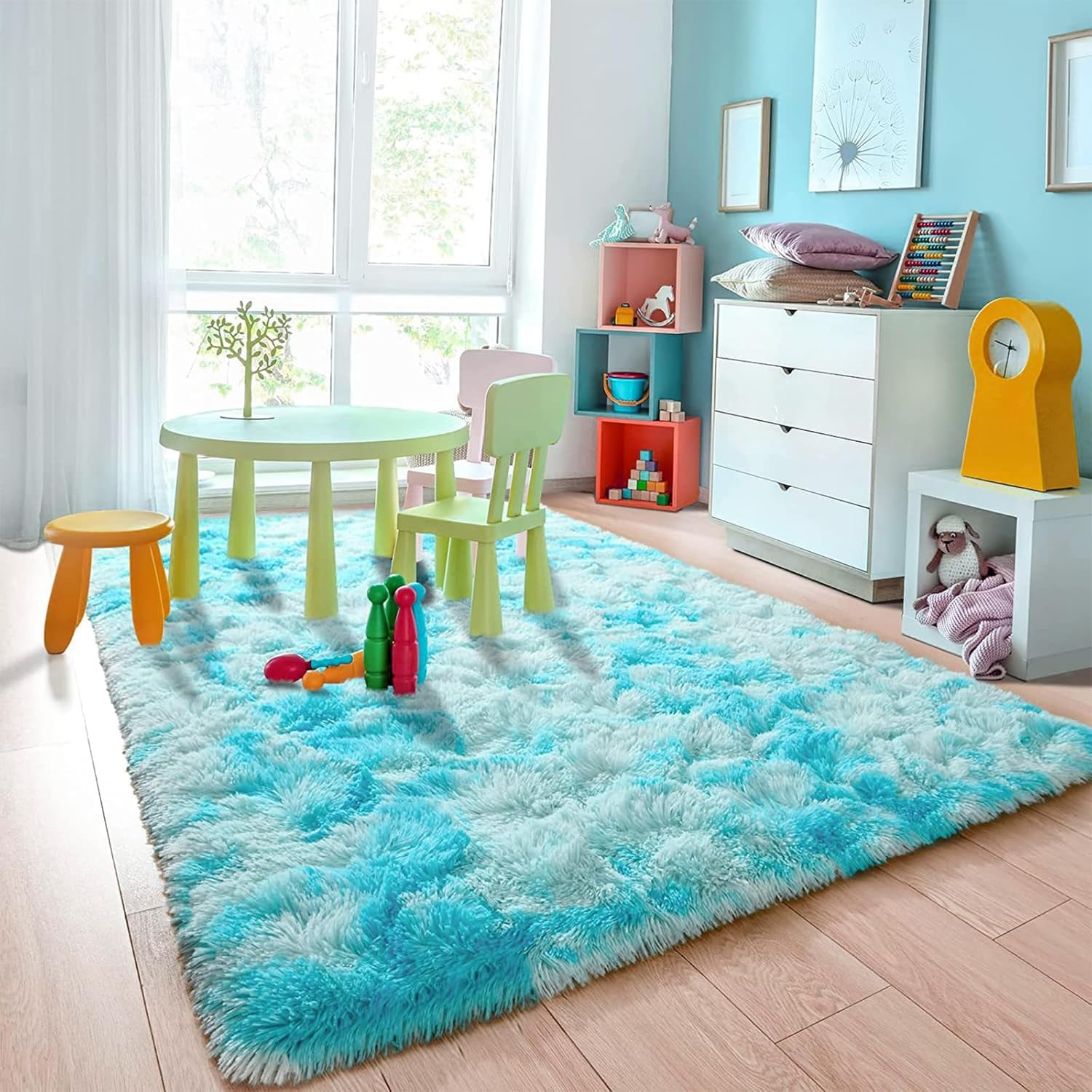 Fluffy Rainbow Rugs for Girls Bedroom, Shag Colorful Rectangle Area Rug for Living Room, Soft Fuzzy Anti-Slip Carpets for Child, Cute Kids Playmats for Home Decor (Blue, 100 * 160Cm) image number 3