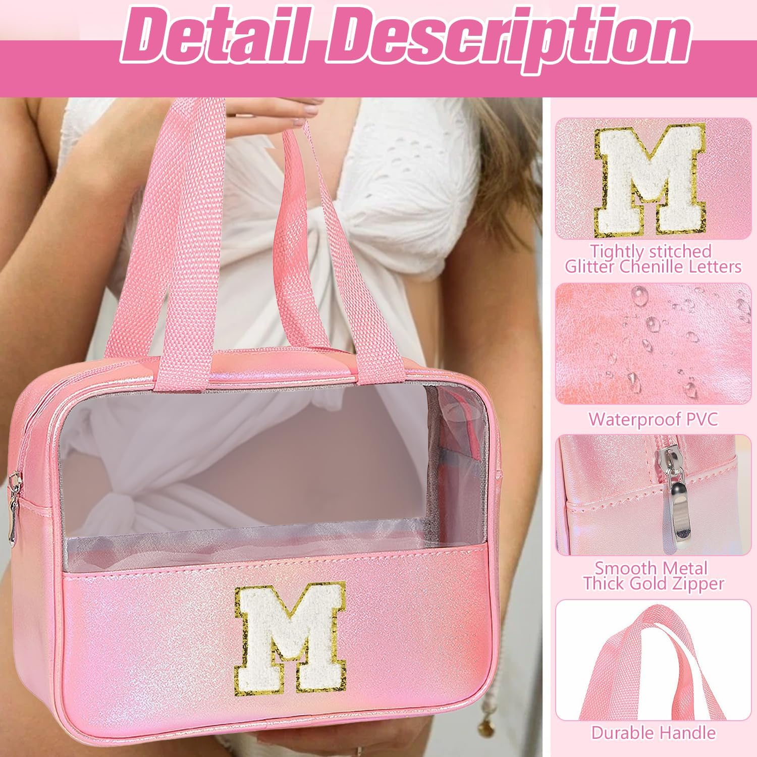 Personalised Transparent Cosmetic Bag, Pink Toiletry Bag, Travel Waterproof Toiletry Bag, Birthday Gifts for Girls, Women, Mothers, Best Friends and Bridesmaids, Letter V - B image number 2