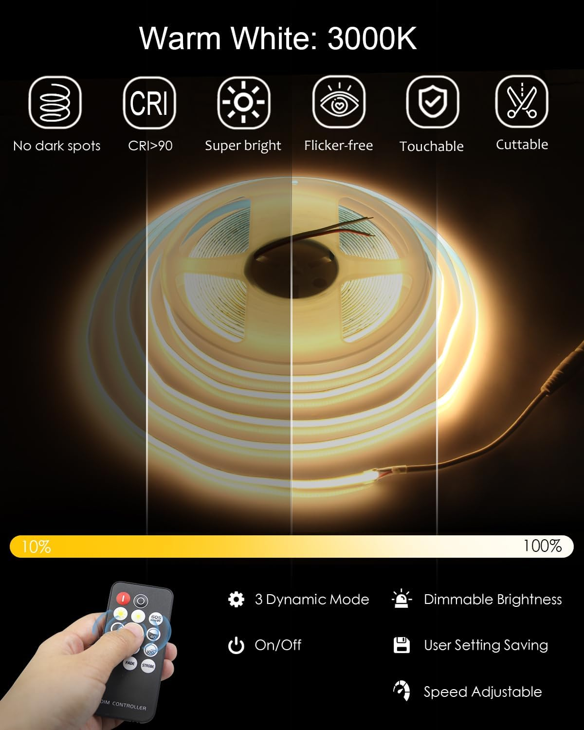 ALITOVE 10M COB LED Strip Lights Kit with Dimmer and Power Adapter Warm White 3000K Uniform Glow 320Leds/M LED Tape Light Flexible LED Lights for Bedroom Home Cabinet Indoor Decoration(Au Plug) image number 4