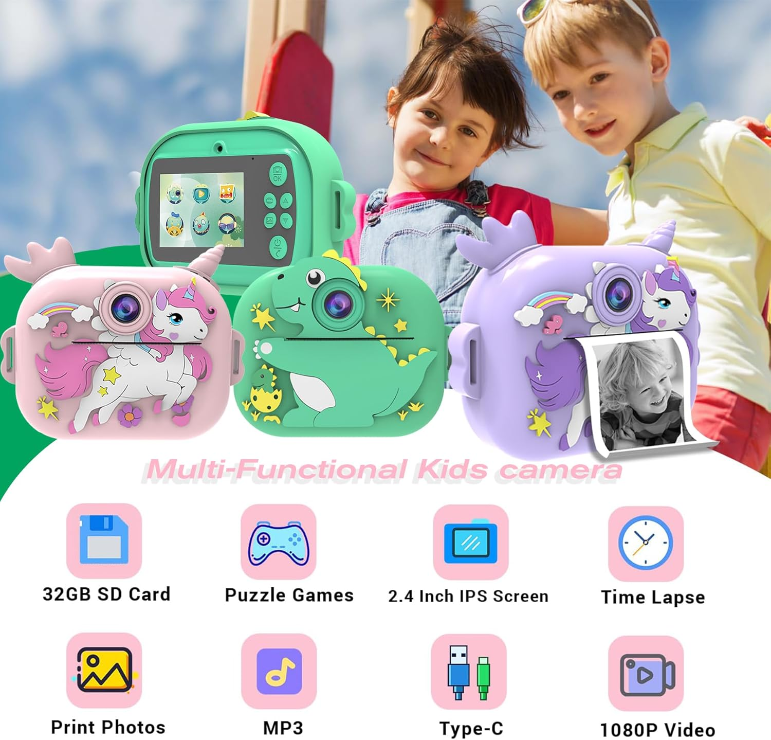 Kids Camera Instant Print,Iggdoqi Kids Digital Camera with 3 Rolls Print Paper,2.4 Inch 1080P Screen Toddler Digital Camera with 32GB TF Card for 3-12 Girls Boys Christmas Birthday Party Gift(Green) image number 5