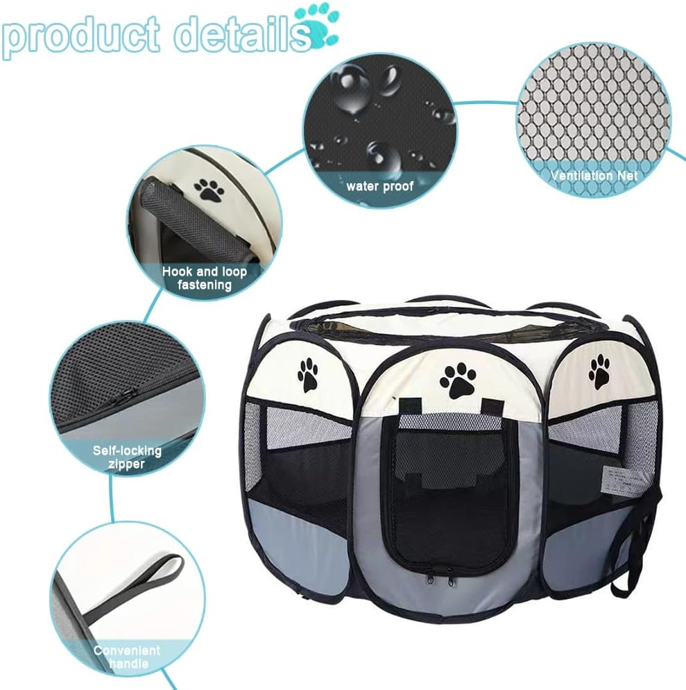 TOMVAES Dog Playpen, Oxford Fabric Dog Fence Octagon Dog Crate PVC Pipe Frame Breathable Mesh Double Openings Removable Zipper Top and Bottom,Grey image number 2