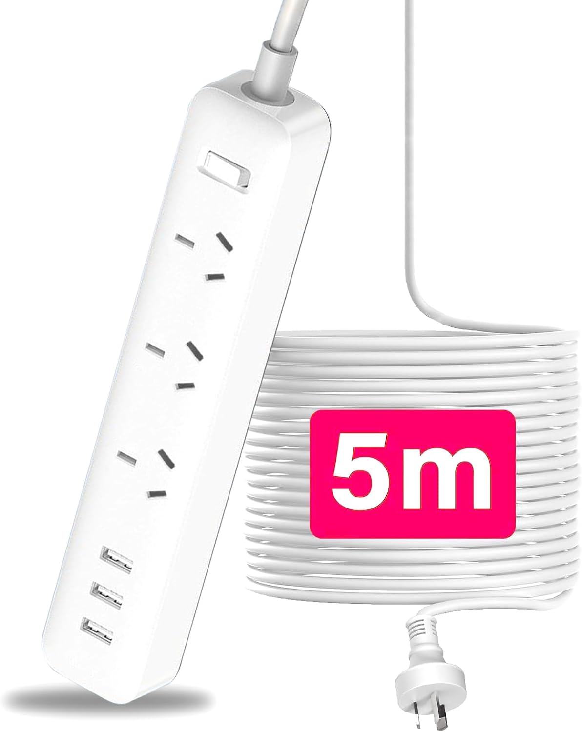 Power Board 2500W 10A,Power Strip with 3 Widely Outlets, 5M Extension Cord Powerboard with 3 USB Ports,Au Overload Protection Outlets for Home and Office Accessories Use (White) image number 5