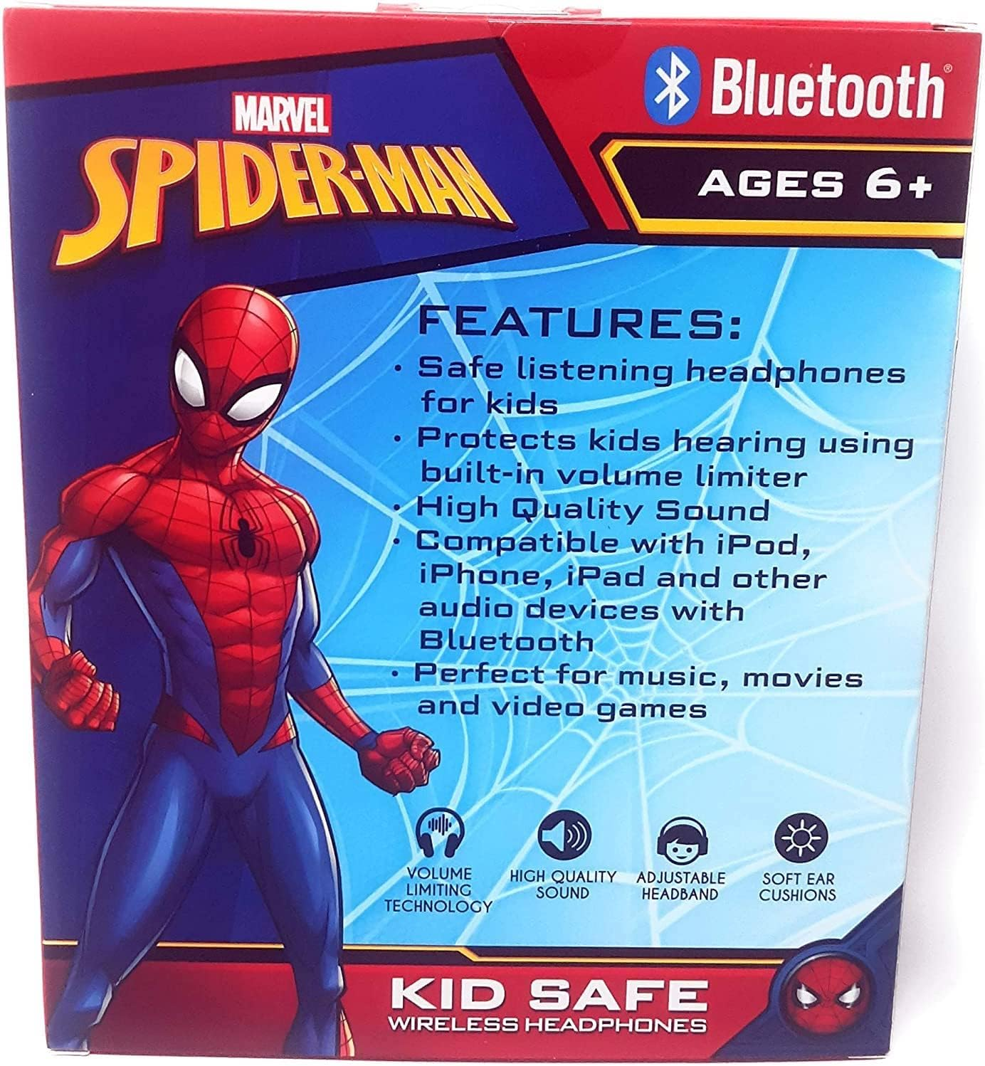 Spider Man Bluetooth Kid Safe Headphones over the Ear Padded Cushions Flying on a Web Design