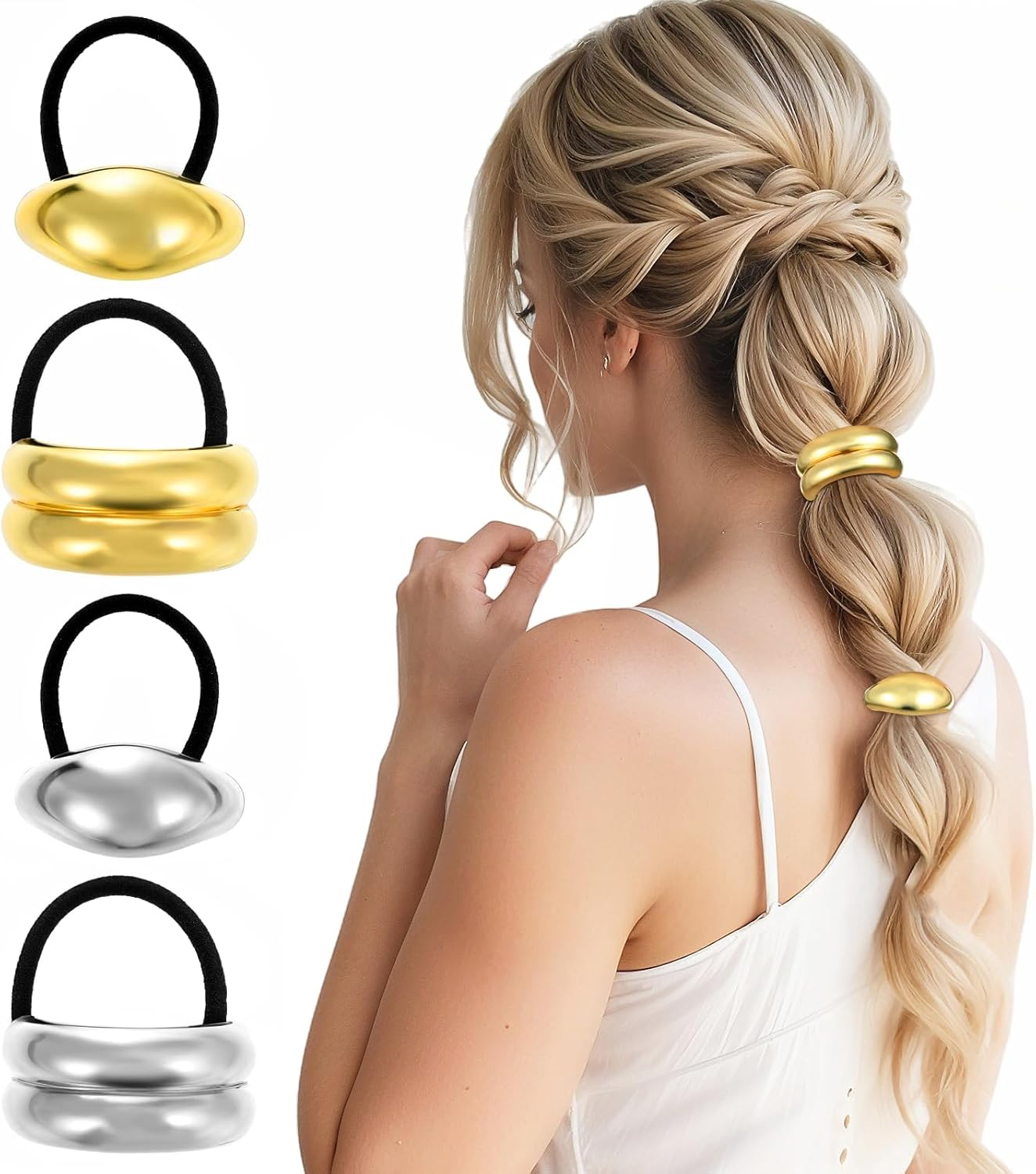 Ymapinc Pack of 4 Fashionable Women'S Hair Bands, Elastic Scrunchies, Ponytail Hair Bobbles, Durable Ponytail Holder for Women with Thick and Thin Hair (Gold, Silver) image number 6