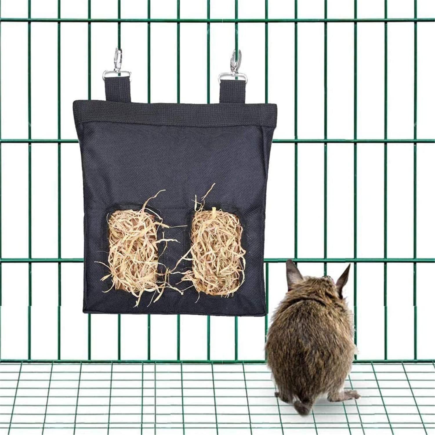 Rabbit Hay Feeder Bag, Guinea Pig Hay Feeder Bag,Rabbit Food Bag with Retractable Straps,Food Sack Hay Holder with Hooks for Hamster Bunny Chinchilla Turtle Cage Accessories (2 Grids) image number 3